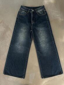 DAZY 女式宽松直筒休闲牛仔裤 - 中等水洗藍 - 查看 6