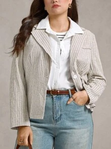 Zelara Blazer casual a righe e collo a bavero con maniche lunghe, da donna taglia comoda, stile vintage per scuola e lavoro, adatto per insegnanti e donne d'affari casual, blazer a righe per curvy, da indossare in autunno/inverno, per uscire - Multicolore - Visualizzare 7