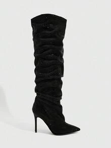 CUCCOO SZL Women's Rhinestone Pointed Toe Stiletto Heel Ruched Over-The-Knee Boots, Fashion For Dates And Parties For Christmas Spring Shoes - Black - View 3