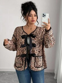 Elenzga Plus Size Women's Leopard Print Contrast Piping Tie Front Loose Jacket, Casual Style For Spring & Autumn Winter Autumn Fall - Multicolor - View 1