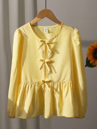 SHEIN 青少年女孩休闲都市条纹蝴蝶结衬衫，适合返校季穿着