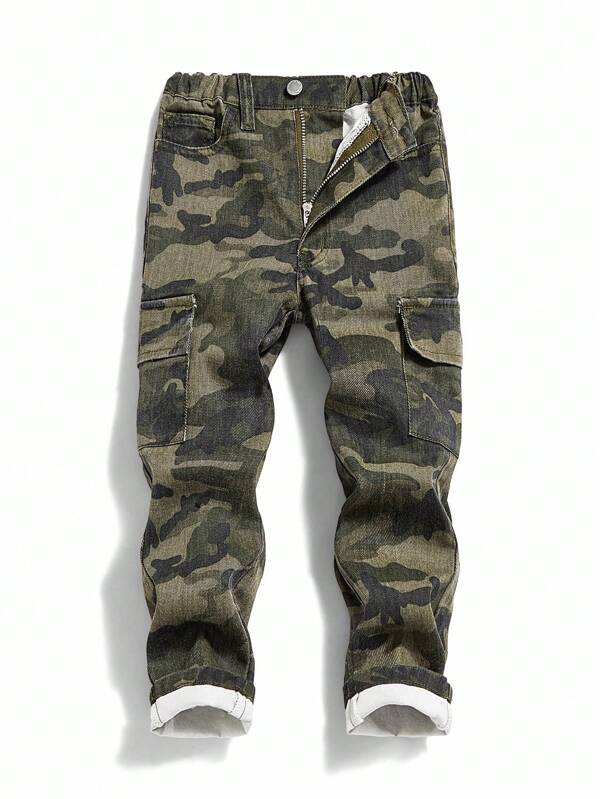 SHEIN Young Boys Street Cool Cargo Pocket Camo Tree Print Denim Tapered Jeans,Suitable For Young Boys Fall/Winter Clothes Camo Cargo Pantscamo Cargo Pants Boy
