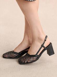 Rosivie Women's Fashion Brown Woven Hollow High Heel Pumps For Christmas - Black - View 6