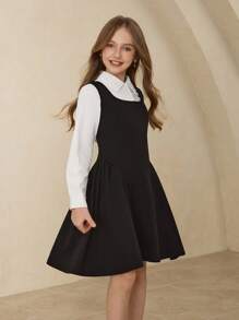 Girls' Casual Stylish Elegant Lapel Raglan Sleeve White Shirt&High Waist Vest Dress Set,Black And White,Autumn,School,Back-To-School All Season Outfit - Black - View 7