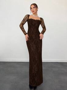 Aloruh Đầm Maxi Ôm Body Cổ Vuông Ren Tay Dài Hình Chữ S Gợi Cảm Cho Nữ Thu/Đông Mới Cho Dự Tiệc, Đêm Hẹn Hò, Buổi Tối - màu nâu - Xem 3