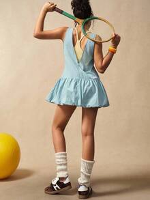 VARSIVA Casual Outdoor Solid Color Minimalist Sleeveless Women Sports Dress - Blue - View 8