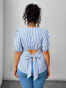 Elenzga Camisa casual ajustada a rayas para mujer de talla grande con diseño único de lazo en la espalda - Multicolor - Ver 7
