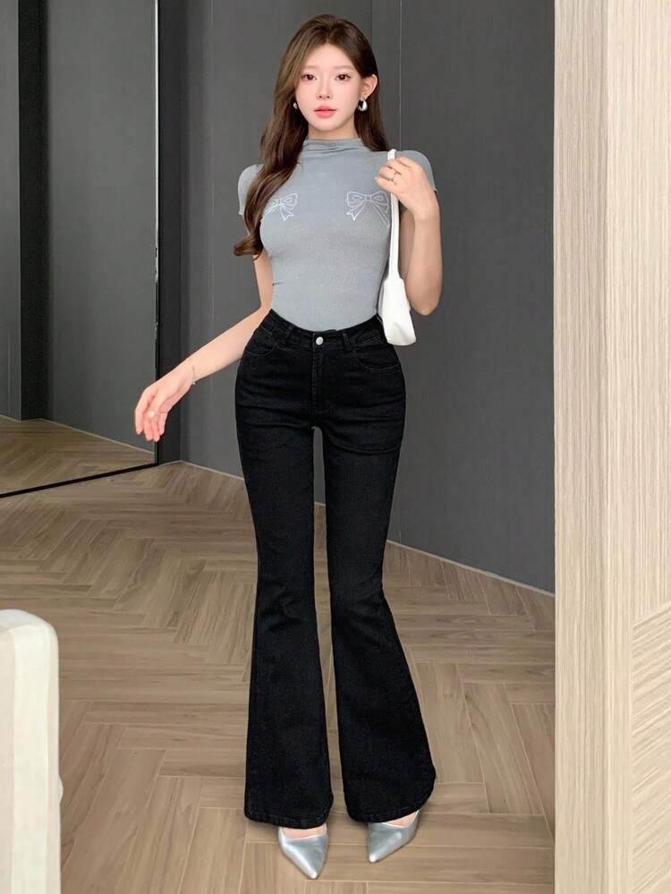 DAZY 女式西式水洗喇叭裤牛仔裤 - 黑色 - 查看 9