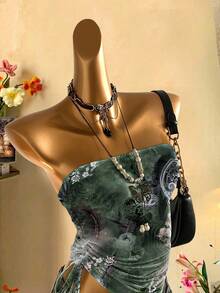 Attitoon Women's Vintage Print Ruched Tie Front Bandeau Top Goth Suitable For Going Out - Blue and White - View 3