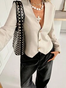 Siren Gaze 女士纯色常规肩长袖前开襟时尚优雅西装外套，秋季新款金属纽扣腰身衬衫，时尚通勤夹克，办公室休闲装，长袖衬衫，亚麻衬衫，复古风格，秋季上衣，优雅女士衬衫，女士秋季服装，外出上衣，女士西装外套，法式风格服装，优雅冬季女士衬衫 - 杏色 - 查看 6