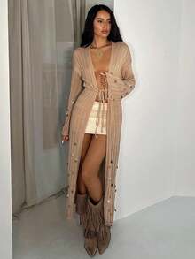 Glamine 驼色针织手工亮片设计喇叭袖性感迷人女式和服开衫 - 駝色 - 查看 1