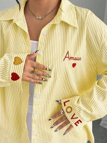 Elenzga Plus Size Women's French Striped Embroidered Heart Blouse Fall Cloth For Women Women Button Up Shirt Amour Shirt Yellow Striped Shirt Women Heart Shirt Love Shirt - Yellow - View 1