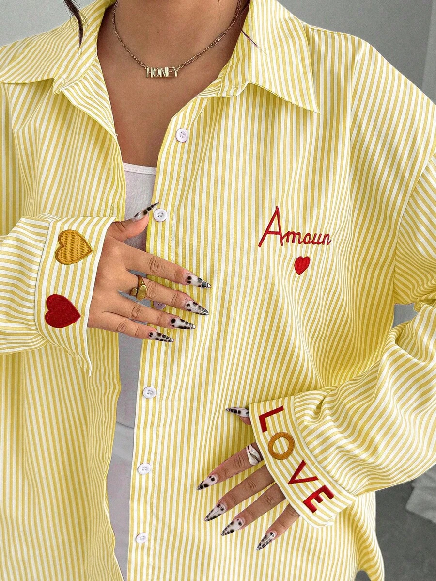 Elenzga Plus Size Women's French Striped Embroidered Heart Blouse Fall Cloth For Women Women Button Up Shirt Amour Shirt Yellow Striped Shirt Women Heart Shirt Love Shirt - Yellow - View 1