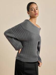 Airaco 女士纯色不对称领长袖宽松休闲毛衣，秋冬季针织套头衫 - 灰色 - 查看 4