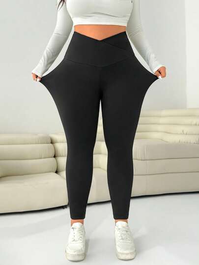 Solflare Quần legging bó cạp cao co giãn màu trơn màu đen đơn giản, thường ngày, đa năng, dễ mặc khi đi làm, cỡ lớn dành cho nữ
