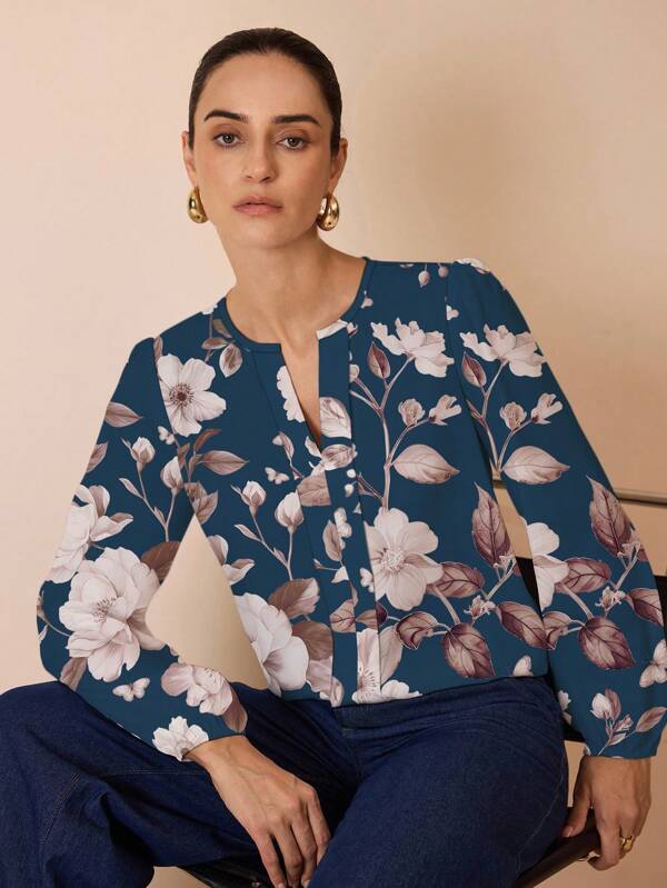Glamance Constanza Baglietto Navy Blue Shirt With Rose Silhouette Casual Print, Elegant Long Sleeve Blouse For Women, Suitable For Autumn Commute, Countryside Style Flower Blouses For Women Floral Blouse Blue Floral Top Summer Shirts Woman Floral Tops For Women Floral Shirts For Women