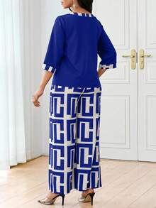 SHEIN Lady 春夏秋冬休闲优雅黑色针织V领喇叭纽扣短款长袖休闲优雅大码套装情人节新年女装夏季女装夏季 - 寶藍色 - 查看 2