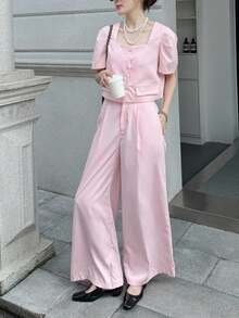 K-Vae Women's Fall Pink Celebrity Style Square Neck Short Puff Sleeve Single-Breasted Top And Wide-Leg Pants Casual Two Pieces Suit,Fall Outfits Women , Going Out Outfits,Old Money - Pink - View 4