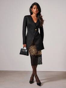 COSMINA Women's Elegant Lace Patchwork Leopard Print Skirt,Cheetah Print