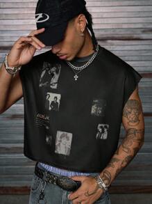 AXEPEAK 男士针织时尚休闲宽松无袖背心，2000 年代风格 - 黑色 - 查看 1