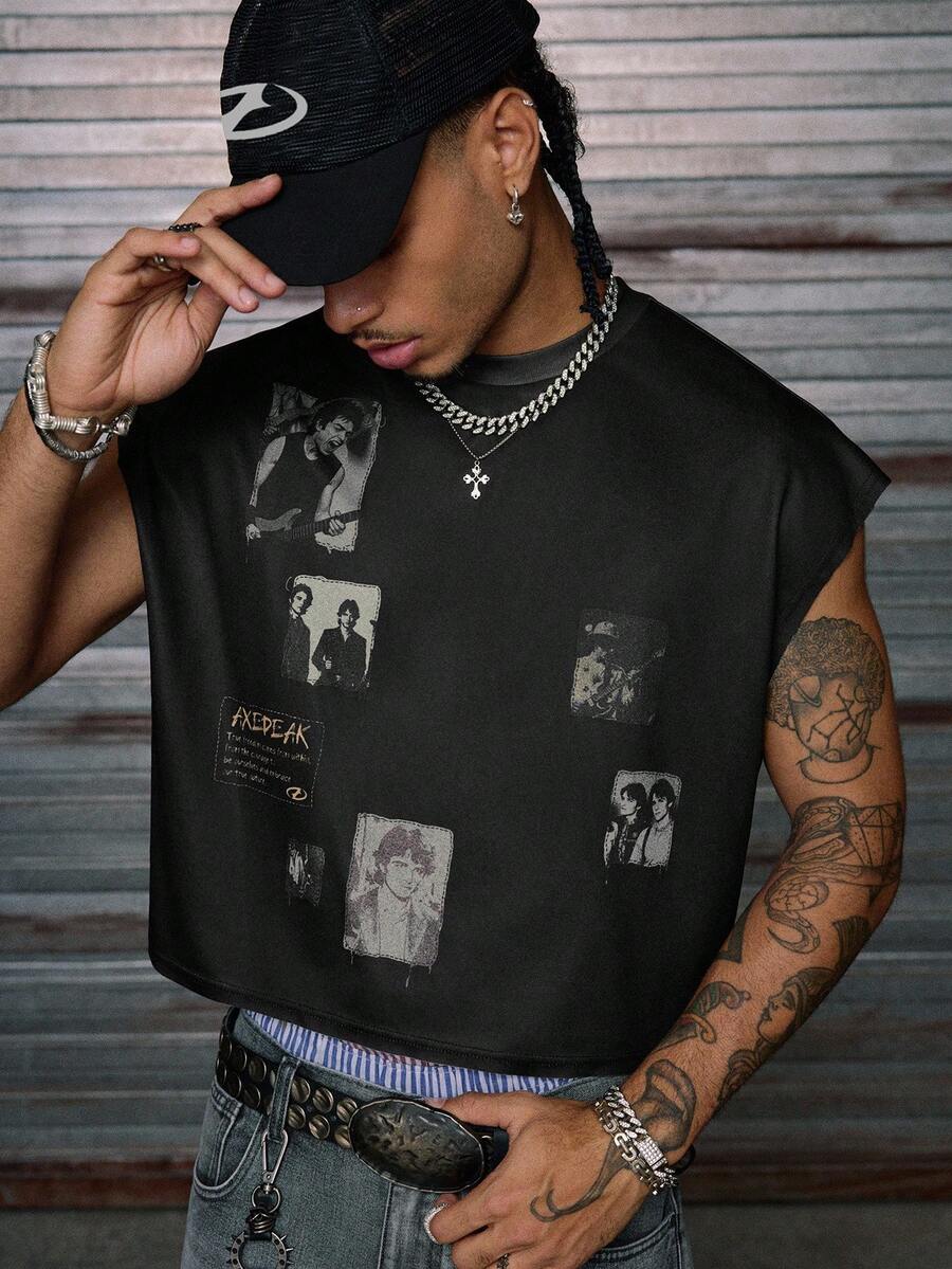 AXEPEAK 男士针织时尚休闲宽松无袖背心，2000 年代风格 - 黑色 - 查看 1