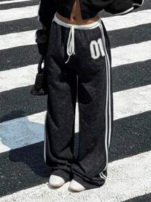 Muchica 女式复古水洗丝带拼接宽松长裤 - 黑與白 - 查看 1