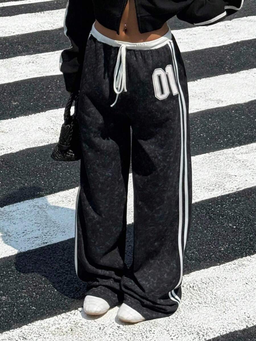 Muchica 女式复古水洗丝带拼接宽松长裤 - 黑與白 - 查看 1