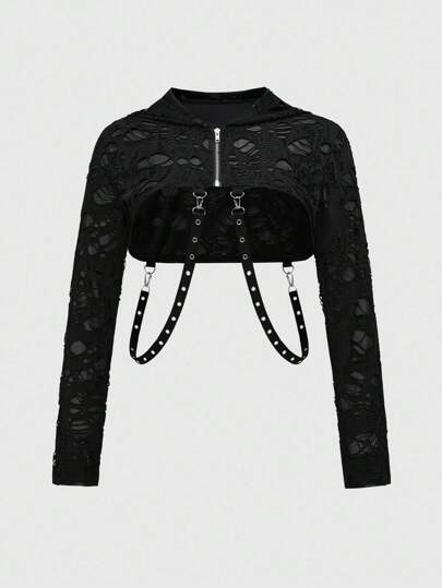 Grunge Punk Plus Size Streetwear Distressed Mesh Eyelet Lace-Up Sweatshirt Hoodie For Women