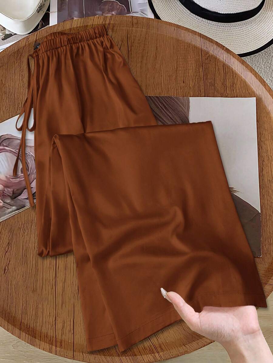 Rusticease Pantalones de pierna ancha de cintura baja de satén brillante para mujeres, casuales y adecuados para el transporte, primavera/verano - Café integral - Ver 1