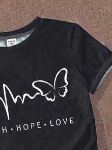 Girls' Butterfly & Letter Print Short Sleeve T-Shirt, Black Fabric With White Text, Comfortable Casual, Suitable For Daily Wear, Sports, Campus, Streetwear