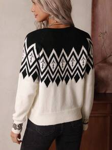 Women's Two-Tone Jacquard Bohemian Western Casual Sweater, LanaWest Fall Winter Cloth For Women - Black - View 2