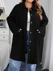 SHEIN CURVE+ Curve 加大码/秋装/秋季女装/女冬装/冬装大码女式乡村风格灯芯绒双口袋纽扣门襟中长外套，秋季夹克加大码夹克 8xl 女装 6xl 加大码女装 5xl 加大码加大码灯芯绒夹克，女式秋季服装/秋/冬 - 黑色 - 查看 7