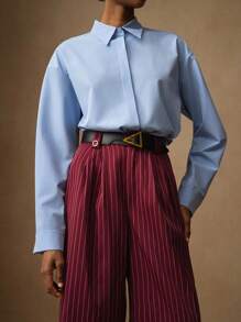 Vesra 女士休闲/商务宽松落肩长袖纯色衬衫，适合春秋季节 - 淺藍色 - 查看 1