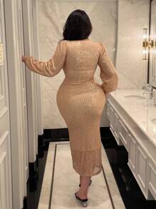 Flirla Luxury Sequin Embellished V-Neck Plus Size Party Gold Dress Fall For Women - Champagne - View 2