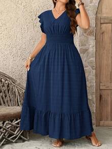 SHEIN LUNE 加大码女式纹理面料飘逸下摆长裙，夏季连衣裙毕业装 7 月 4 日白色毕业蓝色长裙休闲长裙女式夏季连衣裙分层长裙度假连衣裙 - 藏蓝色 - 查看 8