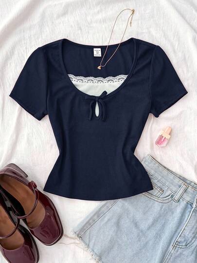 Teen Girls' Spring/Summer Valentine's Day, Casual Home, Clean Girl, American BM Style, Y2K Girl, Navy Blue & White Contrast Rib Knit Patchwork Lace Ruffle Bow Tight Fit Short Sleeve T-Shirt Navy Blue Top Cute Tops Teen Girl Teen Girl Clothes Top Ribbed Top