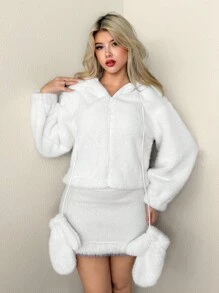 Sweetina Women's Autumn And Winter Warm Sweet Cute Retro Street Y2K Millennial Style White Hooded Gloves Casual Loose Fake Fur Coat - White - View 4