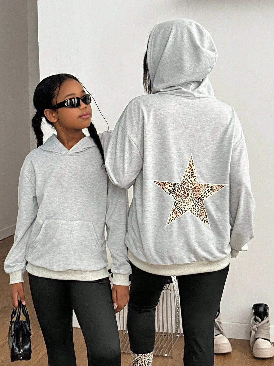 2 pezzi Set di felpa con cappuccio e leggings da donna con stampa leopardata e a stelle