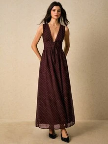 Poéselle 女士波尔卡圆点V领无袖系带连衣裙，时尚夏季