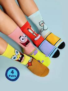 SpongeBob SquarePants | SHEIN 4 Pairs Soft & Breathable Moisture-Wicking Casual Men Mid-Calf Socks With Squidward & Krusty Krab, Fashionable And Cute Colorful Crew Socks, Reinforced Toe & Heel For Durability, Unisex For Women, All Season All-Match Summer Winter - Multicolor - View 2