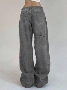 DAZY 女士口袋宽松阔腿休闲百搭牛仔裤 - 淺灰色 - 查看 4