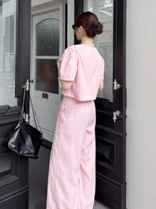 K-Vae Women's Fall Pink Celebrity Style Square Neck Short Puff Sleeve Single-Breasted Top And Wide-Leg Pants Casual Two Pieces Suit,Fall Outfits Women , Going Out Outfits,Old Money - Pink - View 2