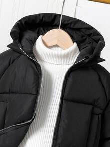 少女纯色连帽保暖拉链棉服外套，冬季 - 黑色 - 查看 7
