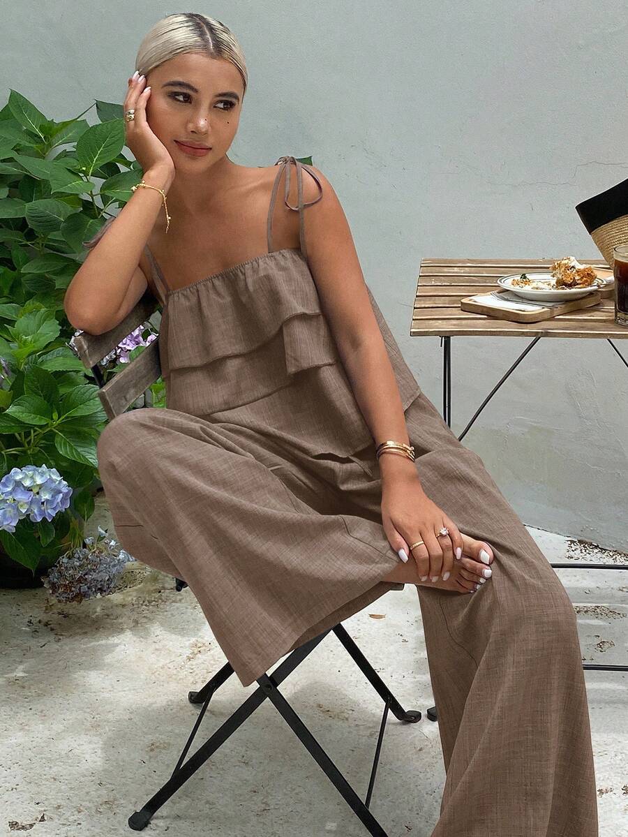 DAZY 2pcs/Set Women's Fashion Ruffle Trim Crop Camisole Top And High Waist Tie Waist Wide Leg Pants, Casual Summer Outfit Vacation Outfits Women - Camel - View 1