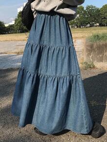 FRIFUL 女士纯色弹力腰荷叶边长款牛仔裙 - 藍色 - 查看 3