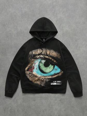 Grunge Punk Felpa con cappuccio casual da uomo con stampa grafica sull'occhio, adatta per uso quotidiano
