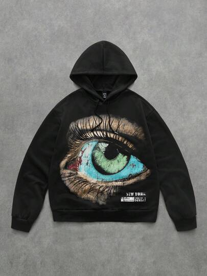 Grunge Punk Herren Lässig Augen Grafik Muster Kapuzenpullover mit Kordelzug, für den täglichen Gebrauch