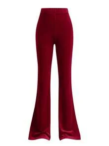 SHEIN 青少年女孩天鹅绒水钻口袋连帽拉链运动衫和修身喇叭裤休闲优雅两件套 - 酒紅色 - 查看 11