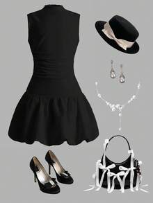 SHEIN Nova Glow Tween Girls Elegant Solid White Color Stand Collar Bachelorette Dress Y2k Dress , Suitable For Casual Daily Wear & School Daily , Back To School,Graduation Dress Black Dress Bubble Hem Girls Sleeveless Dress Girls Black Dress Kids Black Dress Tween Black Dress Black Dress Girl Black Dress For Tweens Black Dress Kid Girl