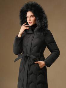 Anewsta 女士优雅绗缝收腰中长款连帽可拆卸毛领黑色拉链羽绒服，冬季 - 黑色 - 查看 6